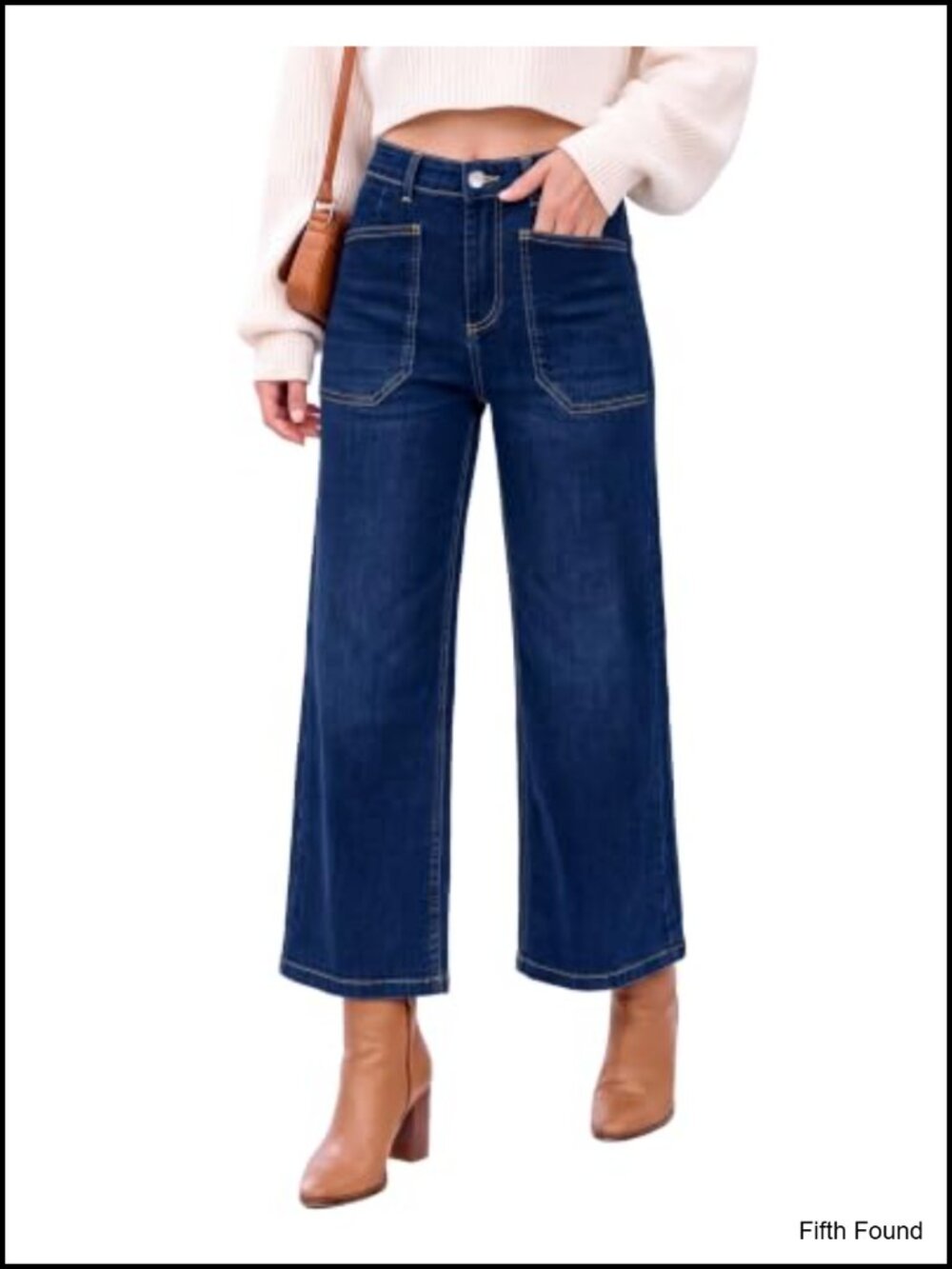 Wide Leg Cropped High Waisted Jeans Patch Pocket Stretch Denim Pants